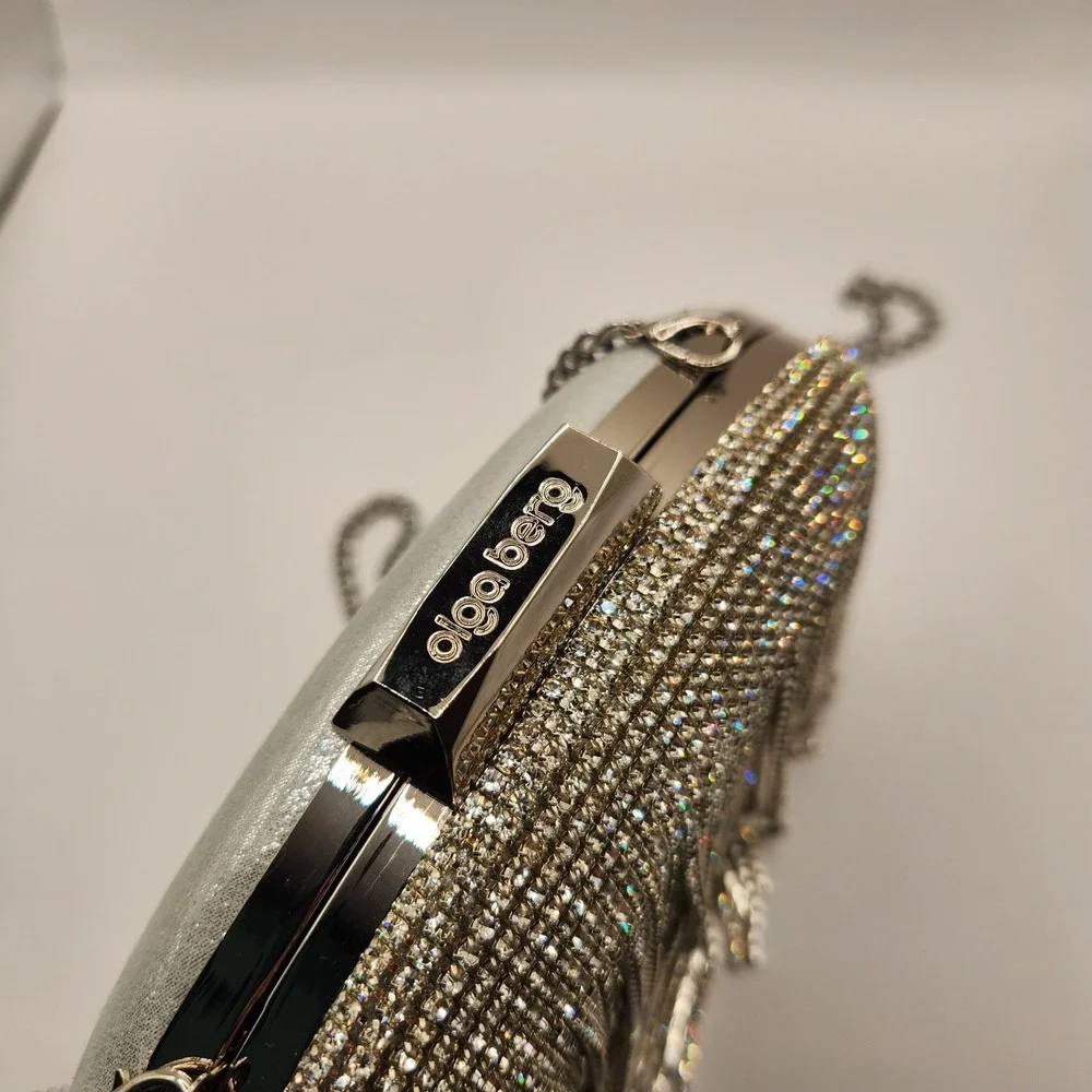New Olga Berg Bria Crystal Fringe Clutch Rhinestone Chain Strap Silver Evening C